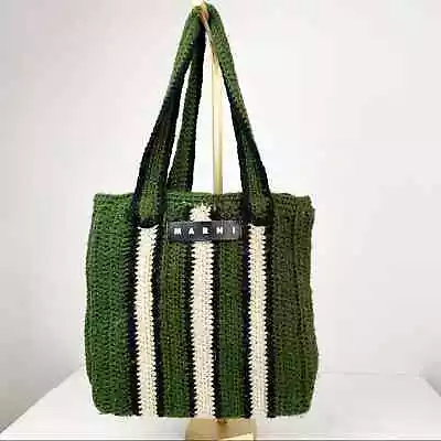 Marni Market Striped Woolly Shopper Tote Green & White Bag Pocket Lined • $170