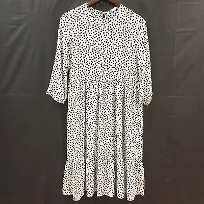 Zara Women The Famous Polka Dot Midi Dress Size S White 3/4 Sleeve Tiered Zip • $24.88