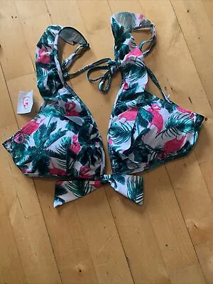 Bnwot Studio Palm Green & Pink Print Frill Bikini Top Removable Pads Size Uk 18 • £8.99