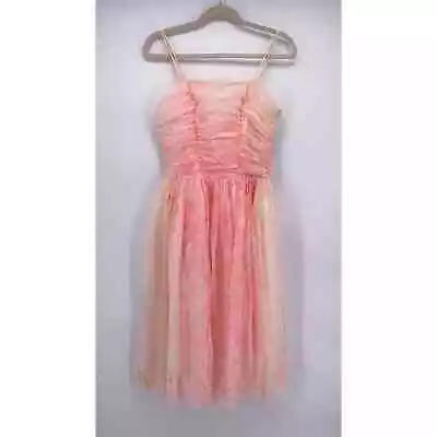 Vintage Sweetheart Dress 26  W Floral Pink Cream Strappy Chiffon Lined Tea Midi • $41.30