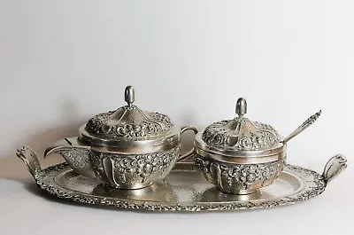 800 Solid Silver Tea Set Djokja Yogya Tray Tea Pot Sugar Bowl Indonesian  C.1940 • $777.09