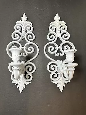 Vtg Syroco White Chippy Candle Wall Sconce Holders Cottage Core 13.5x5.5” • £28.90