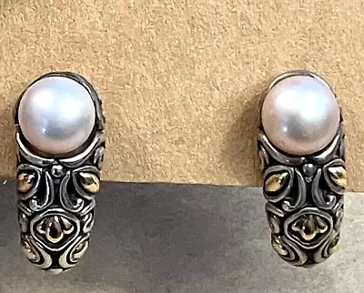 John Hardy Mabe' Pearl 925 Sterling Silver / 18K Yellow Gold Omega Back Earrings • $325