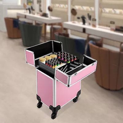 Cosmetic Trolley Makeup Storage Organizer Rolling Cart Trunk W/ Wheels Pink New  • $63