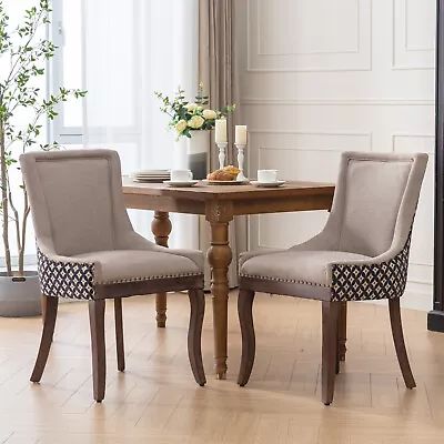 Dining Chairs Set Of 2 Linen Upholstered Kitchen Side Chair Solid Wood Legs • $269.99