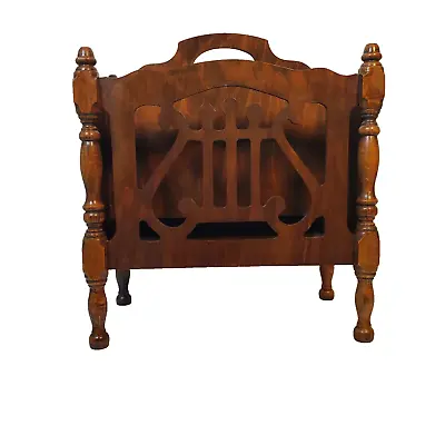 VTG MCM Wood Magazine Rack Stand Turned Spindles Harp Symbol Design Cut Out  • $49.96