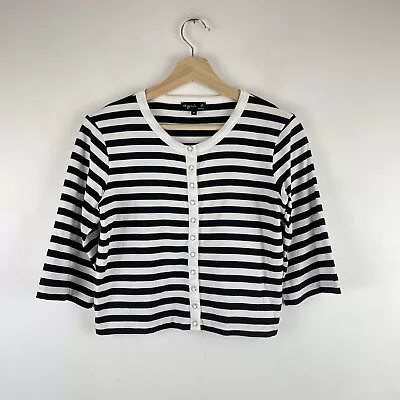 Agnes B Stripe Cardigan Top Black White Crop Pearl Snap Jersey T-shirt Size 1 S • $55.95
