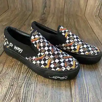 Ed Hardy Black & White Checkered Tiger Canvas Slip On Poppy Sneaker Size 9 • $39.99