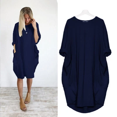 $0.99 • Buy Women Stretch Loose Baggy Jumper Tops Ladies Pocket Party Long Sleeve Mini Dress