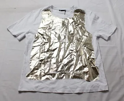 Zara Women's Short Sleeve Crewneck Metallic T-Shirt WR4 White & Gold Medium NWT • $14.99