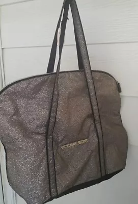 VIctoria's Secret Weekender Glitter Black Gold Travel Gym  Tote LOGO Bag • $34.95