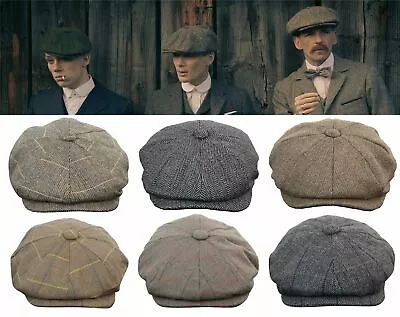 Peaky Newsboy Herringbone Tweed Wool Baker Boy Gatsby Black Hat Flat Cap S-XXL • £13.99