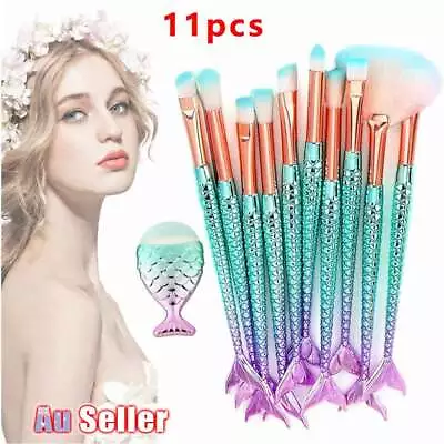 11PCS Mermaid Makeup Brushes Set Fish Tail Foundation Eyeshadow Cosmetic Brush~ • $12.96