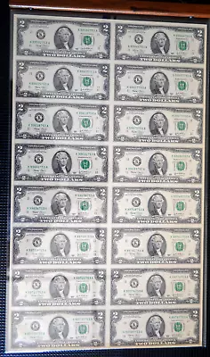 $2 Two Dollar Bills Full Uncut Currency Sheet Of 16 Notes 2003 Framed • $165