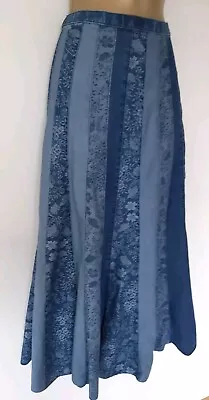 M&S Denim Floral Maxi Skirt 10 Vgc! Elasticated Waist Boho Holiday Casual • £17.99