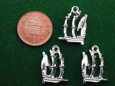 10 Pirate Ship Charms - Bright Silver 3D - Nautical Sailing Boat Toy • £2.95