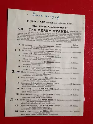 Antique Original 1919 The Derby Stakes Page From Race Card - Epsom Horse Racing • £5.50