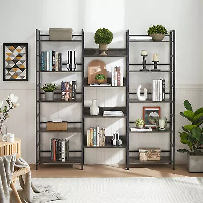 Triple Wide 5 Tiers Bookshelf Open Display Shelves W/ Metal Frame Dark Grey • $189