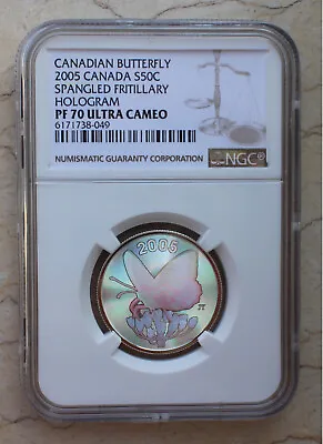 $185 • Buy NGC PF70 Canada 2005 Canadian Butterfly Spangled Fritillary Hologram Coin