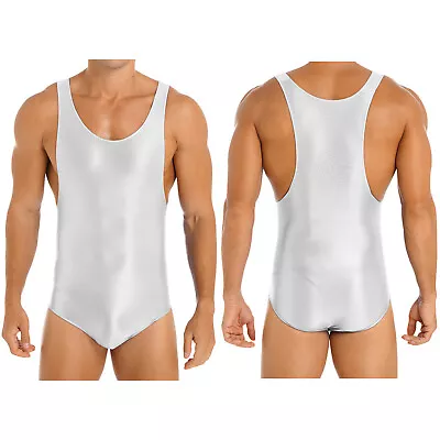 US Mens Glossy Sleeveless Bodysuit Jumpsuit U Neck Leotard Wrestling Singlets • $10.29