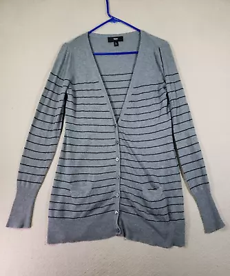 Mossimo Sweater Womens Large Gray Striped Cardigan Button Front Ribbed Trim Knit • $8.98