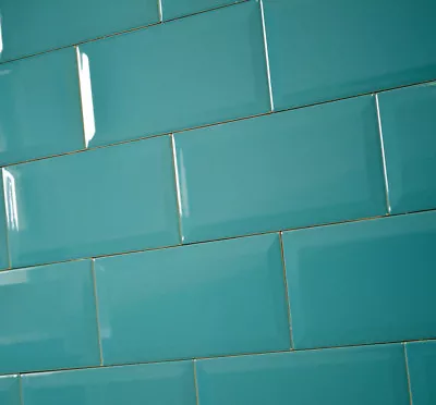 HALF CUT SAMPLE Victorian Subway Aqua Blue Bevelled Brick Ceramic Wall Tiles • £1.50