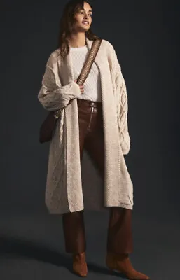 Anthropologie Maxi Cable Knit Cardigan Sweater Open Front Oatmeal Sand S NEW • $84