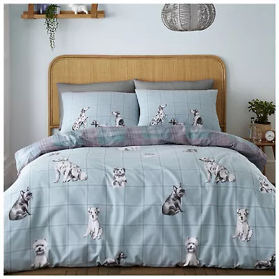 Dog Animal Print Duvet Cover Tartan Check Easy Care Bedding Set With Pillowcases • £10.29