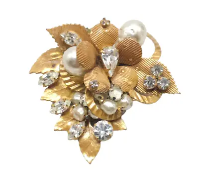 Unsigned Miriam Haskell Filigree Clear Rhinestone Faux Pearl Floral Brooch Pin • $99.99