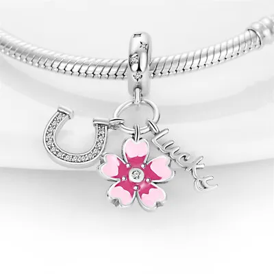 Lucky Horse Shoe Flower Dangle Pink Sakura Love Heart  Charm Sterling Silver 925 • £13.99