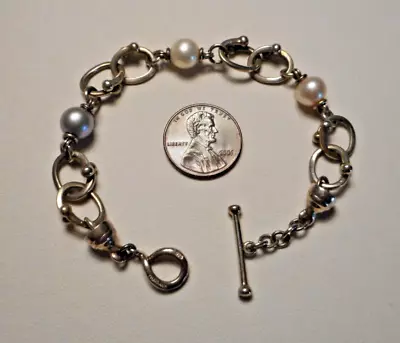 Michael Dawkins Sterling 925 & Pearl Chain Bracelet Toggle Clasp 14.6g 7-1/4  L • $49.99