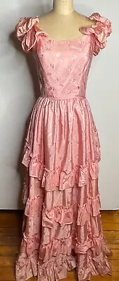 Vtg 40's-50's Pink Satin Floral Brocade Ruffled Flounce Party Maxi Dress Gown*xs • $69.99