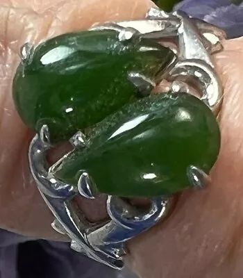 Vintage Double Teardrop Jadeite Sterling Silver .925 Cocktail Band RING Size 4.5 • $107.82