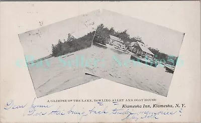 Monticello NY - BOWLING ALLEY & BOAT HOUSE KIAMESHA LAKE - Postcard Catskills • $7.50