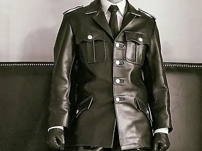 Mens Leather Coat Jacket Tunics Police Military Soft Leather Coat Shirt Black • $116