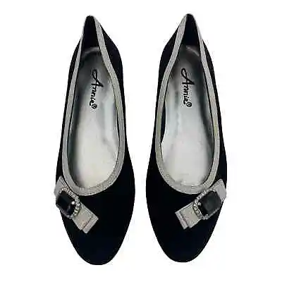 Annie Women's Size 9M Black Faux Suede & Silver Jeweled Slip On Flats Bow  • $19.95