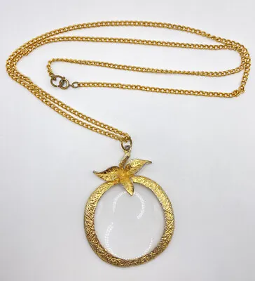 Vintage Gold Tone Apple Magnifying Glass Pendant Chain Necklace 82cm Length • £11