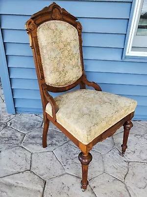 Vintage Antique Ornate Wooden Dining Room Accent Office Chair W/ Front Wheels • $115