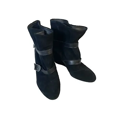 Via Spiga Black Suede Wedge Heel Buckle Accent Ankle Boots Sz 9 • $27.97
