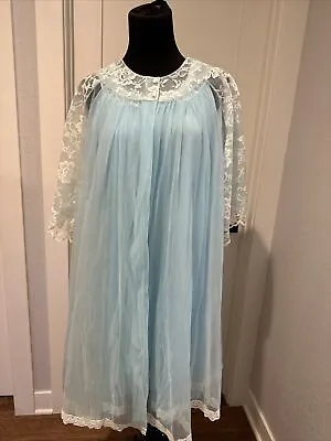 Vintage Blue Peignoir Set Nightgown Robe Sheer Nylon • $45.95