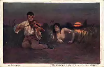 Setkowicz Man Plays Violin Mermaid Crawls From The Sea Nude C1910 Postcard • $9.89