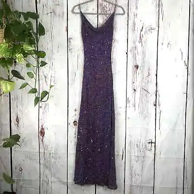 VINTAGE Scala Y2K Bead Silk Cowl Neck Sleeveless Fitted Prom Evening Dress • $200