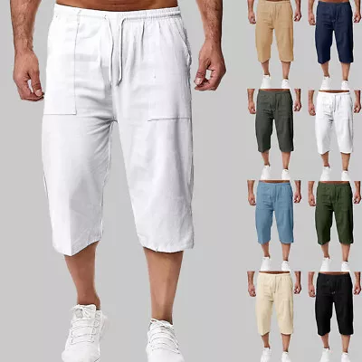 Mens Linen Solid 3/4 Length Pants Casual Baggy Drawstring Capri Pocket Shorts US • $17.76