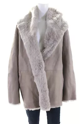 Vince Womens Leather Shearling Hooded Hook Front Jacket Coat Beige Size L • $199.99