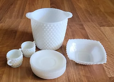 Vntg Hobnail Milk Glass Pieces Anchor Hocking Plates Creamer/Sugar Ice Bucket • $22