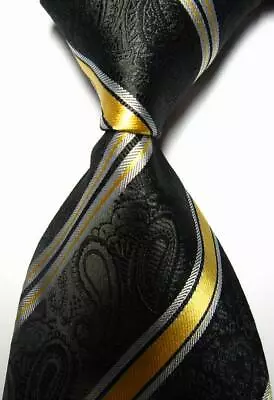 Hot! Paisley Striped Black Gold White JACQUARD WOVEN 100% Silk Men's Tie Necktie • $8.99