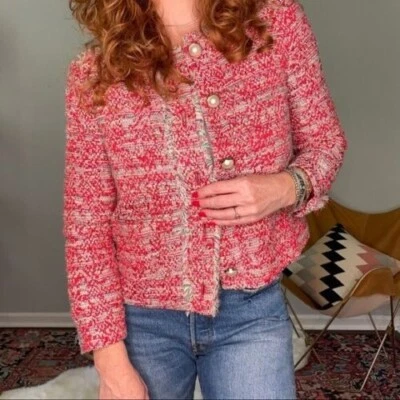 $60.98 • Buy Zara Woman Red Pink Tweed Boucle Jacket Blazer M Pearl Button Frayed Blogger
