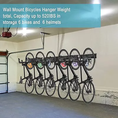 Bike Storage Rack  Wall Garage Bike Rack Wall Mount 6 Bike Rack & 6 Helmets Hook • $22.99