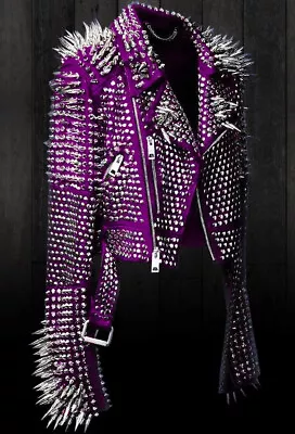 New Men Punk Purple Full Long Silver Spiked Studded Brando Style Leather Jacket • $249