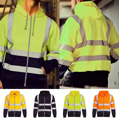 New Hi Viz Vis High Visibility Jacket Hoodie Work Zip Hooded SweatShirt Tops • $21.46